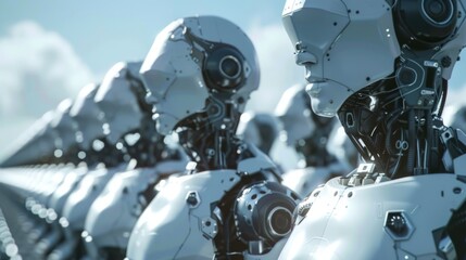 Row of futuristic humanoid robots in a high-tech environment. Sleek, mechanical design showcasing advanced artificial intelligence and robotics technology