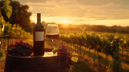A wine bottle and glass on a barrel surrounded by grapes in a picturesque vineyard at sunset,...