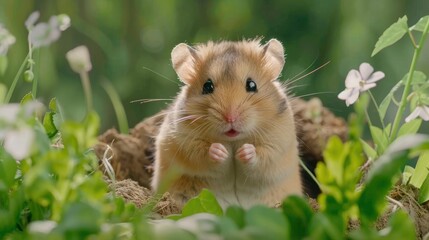 Fototapeta premium A Curious Hamster Among Spring Blossoms