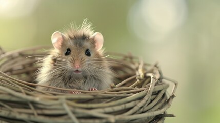 A Tiny Mouse Nestled in a Woven Twig Nest