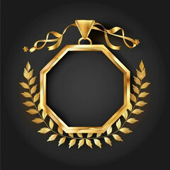 Vector gold medal and laurels on black background, empty space for name, hexagon shape, champion belt style