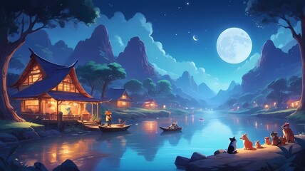 at night in a village, with various kinds of animals, humans, river, mountain, moon, beautiful glow, raft nuances and beautiful mountain views, Generative AI