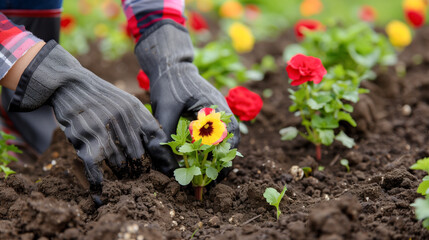 Gardener wearing black gloves plants vibrant red and yellow flowers in rich, dark soil. Rows of blooming flowers in the background - Powered by Adobe