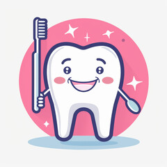 Cute vector minimalist icon of tooth with a smiley face holding toothbrush cleaning transparent background