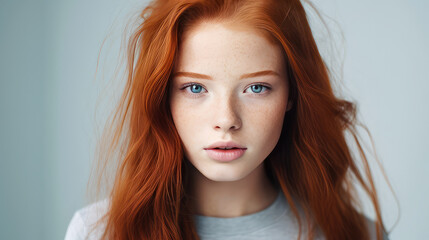 Naklejka premium Portrait of a serious aggressive teenage girl with red long hair with perfect skin, light blue background, banner.