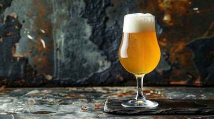 Light foam beer in a glass on an old background