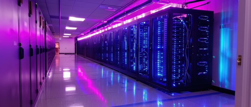 LED-lit server racks in data center