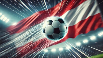 Fototapeta premium A football in motion with the Austrian flag in the background, featuring red and white colors. Football and national flag