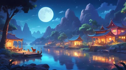 at night in a village, with various kinds of animals, humans, river, mountain, moon, beautiful glow, raft nuances and beautiful mountain views, Generative AI