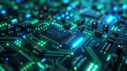 Fototapeta premium Futuristic digital circuit, abstract design, glowing blue and green, closeup, neon hues, complex patterns, hightech cyberspace feel