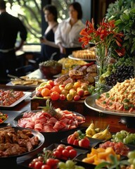 Fototapeta premium Group enjoying a catering buffet inside a restaurant, with an array of meats, colorful fruits, and vegetables Energetic, welcoming setting