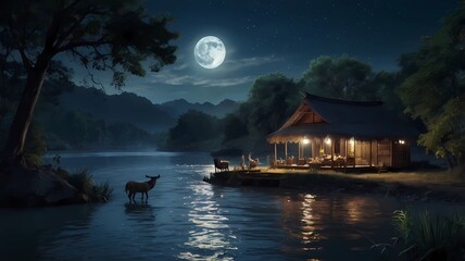 Fototapeta premium at night in a village, with various kinds of animals, humans, river, mountain, moon, beautiful glow, raft nuances and beautiful mountain views, Generative AI