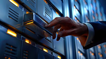 A man is reaching into a server room to access a computer