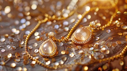 Elegant gold jewelry with precious stones on a luxurious fabric