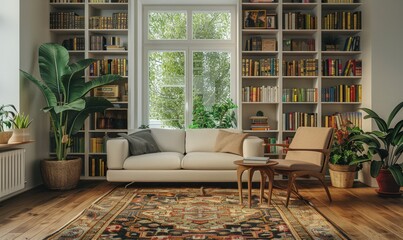 Cozy living room with an empty bookcase