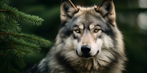 Closeup portrait of a grey wolf in nature with blurred pine trees. Concept Wildlife Photography, Nature Portraits, Animal Closeups, Natural Backgrounds, Animal Behavior