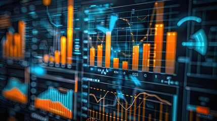 A computer screen displays a series of graphs and charts with orange