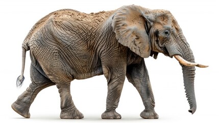 Fototapeta premium An African elephant walks confidently across a white background