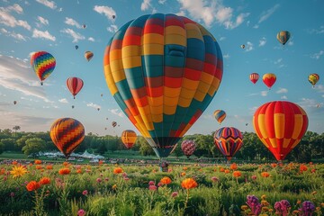 Fototapeta premium A hot air balloon festival with numerous balloons in various colors and patterns floating in the sky. 