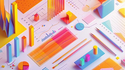 Obraz premium A colorful image of graphs and shapes with a pen and a ruler