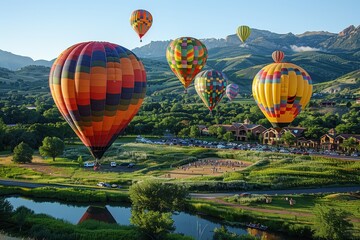 Fototapeta premium A hot air balloon festival with numerous balloons in various colors and patterns floating in the sky. 