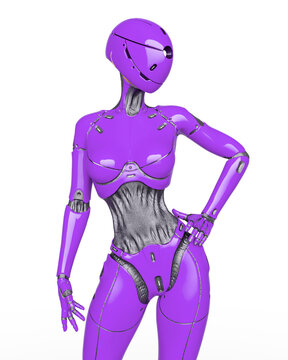 gynoid is the super fembot is doing a top model pose in white background