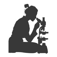 Silhouette: Kneeling Woman Examining Specimen Under Microscope, Scientific Research