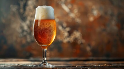 Light foam beer in a glass on an old background