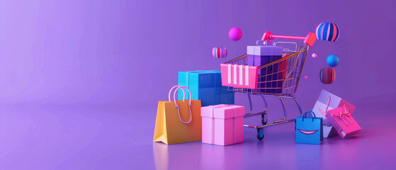 A shopping cart full of colorful boxes and bags is flying through the air
