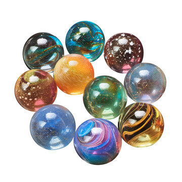Multi-colored glass marbles set with alpha channel, empty background, isolated
