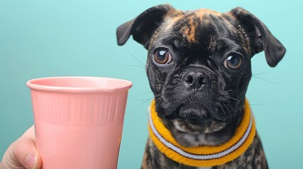 A black and brown dog with a yellow collar looks longingly at a pink cup