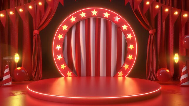 Circus stage podium background 3D carnival light red show curtain. Circus platform stage podium tent theater arena sign vintage spotlight circle stand bulb ringmaster ring cirque cartoon party cinema.