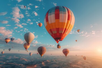 Naklejka premium A hot air balloon festival with numerous balloons in various colors and patterns floating in the sky. 