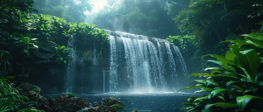 Majestic waterfall surrounded by lush greenery