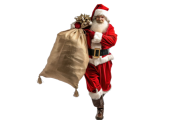 Santa Claus carrying a large sack of gifts, spreading joy and Christmas cheer. Festive scene with traditional red suit and white beard.