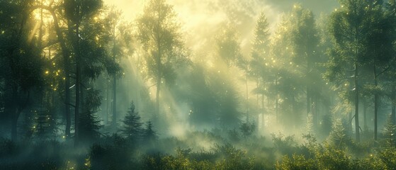 Naklejka premium Misty forest with sunlight streaming through the trees