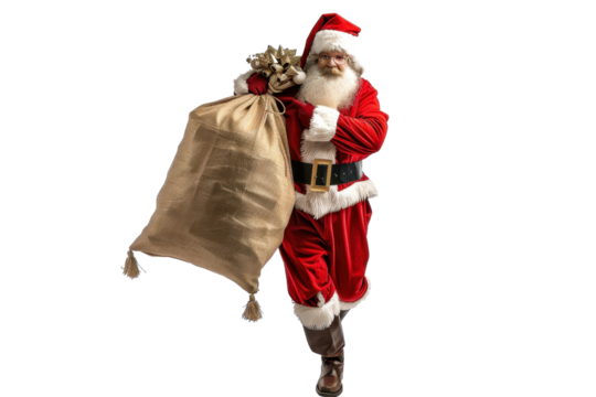 Santa Claus carrying a large sack of gifts, spreading joy and Christmas cheer. Festive scene with traditional red suit and white beard.