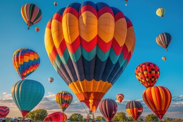Obraz premium A hot air balloon festival with numerous balloons in various colors and patterns floating in the sky. 