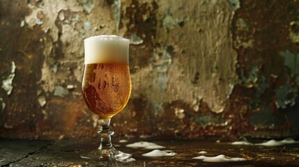 Light foam beer in a glass on an old background