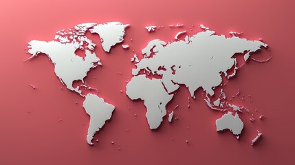 A 3D world map is embossed on a bright coral background