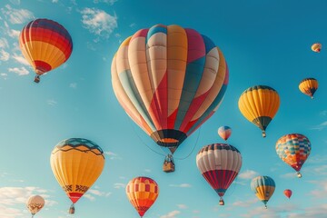 Obraz premium A hot air balloon festival with numerous balloons in various colors and patterns floating in the sky. 