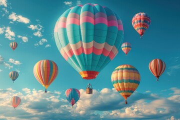 Naklejka premium A hot air balloon festival with numerous balloons in various colors and patterns floating in the sky. 