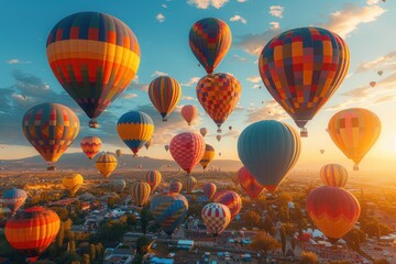 Obraz premium A hot air balloon festival with numerous balloons in various colors and patterns floating in the sky. 