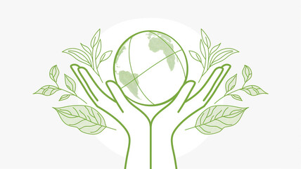 Ecology concept with green hands holding world globe and leaves. Global sustainable environment concept.