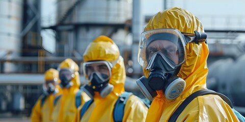 Hazmat team in protective gear handling hazardous materials with safety training materials. Concept Hazmat Team, Protective Gear, Hazardous Materials, Safety Training Materials, Emergency Response