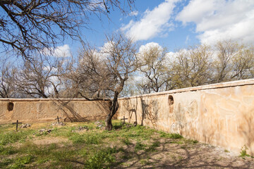 Ancient graves with wooden crosses at Tumacacori National Historical Park, Nogalez, Arizona