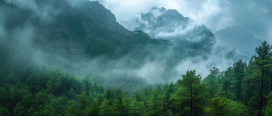 Misty mountain range with dense forests and low-hanging clouds