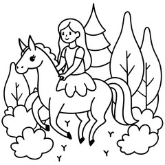 Cute princess cuddles with a unicorn. Coloring book page with colorful template for kids. Isolated illustration. For coloring book