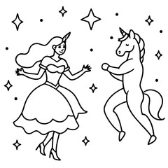 Cute princess cuddles with a unicorn. Coloring book page with colorful template for kids. Isolated illustration. For coloring book