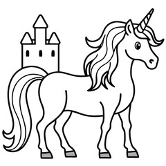 Cute princess cuddles with a unicorn. Coloring book page with colorful template for kids. Isolated illustration. For coloring book